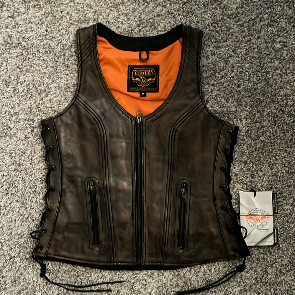Milwaukee Leather Women's Distress Brown Leather Vneck Rider Vest with Side Lace
